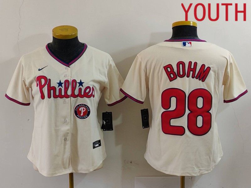 Youth Philadelphia Phillies #28 Bohm Cream Game 2024 Nike MLB Jersey style 2